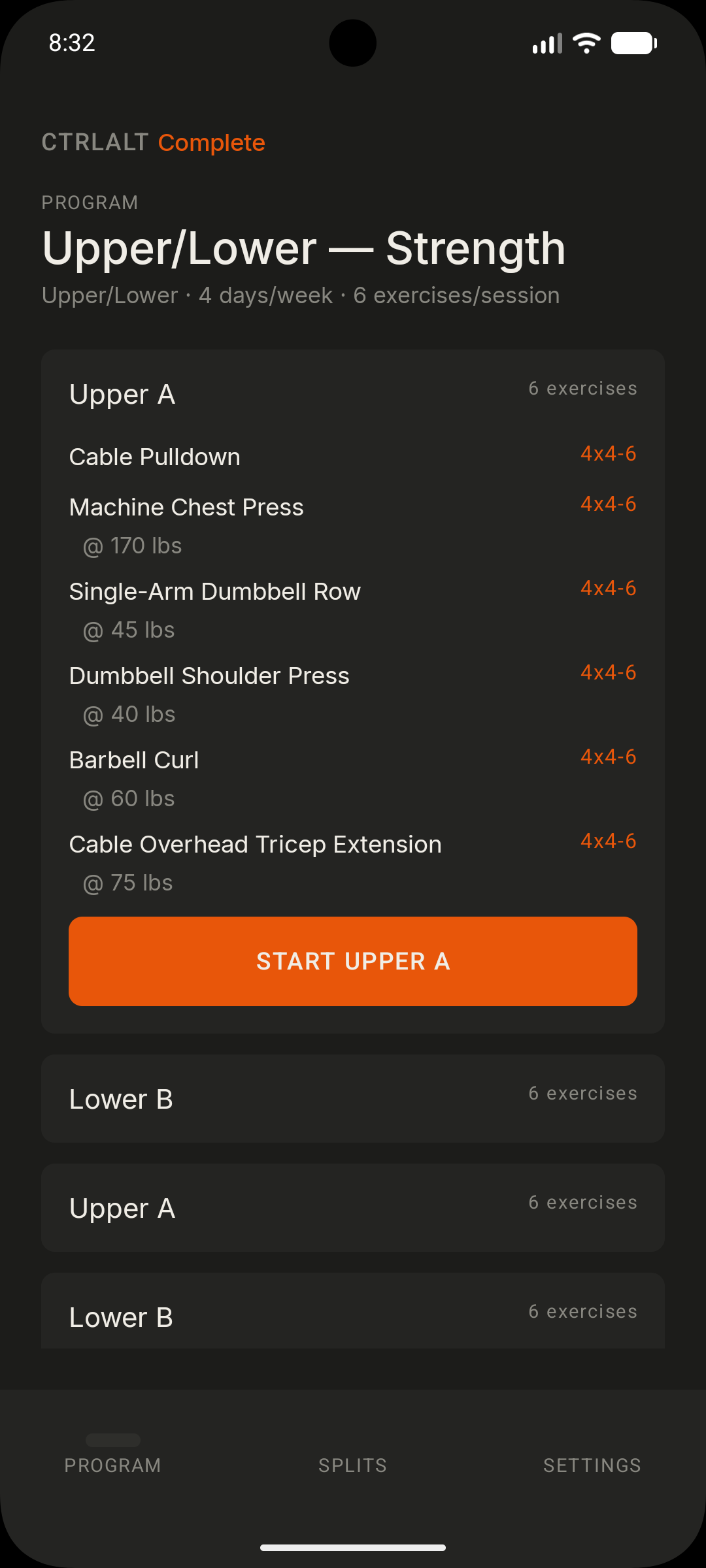 Program view with exercise list