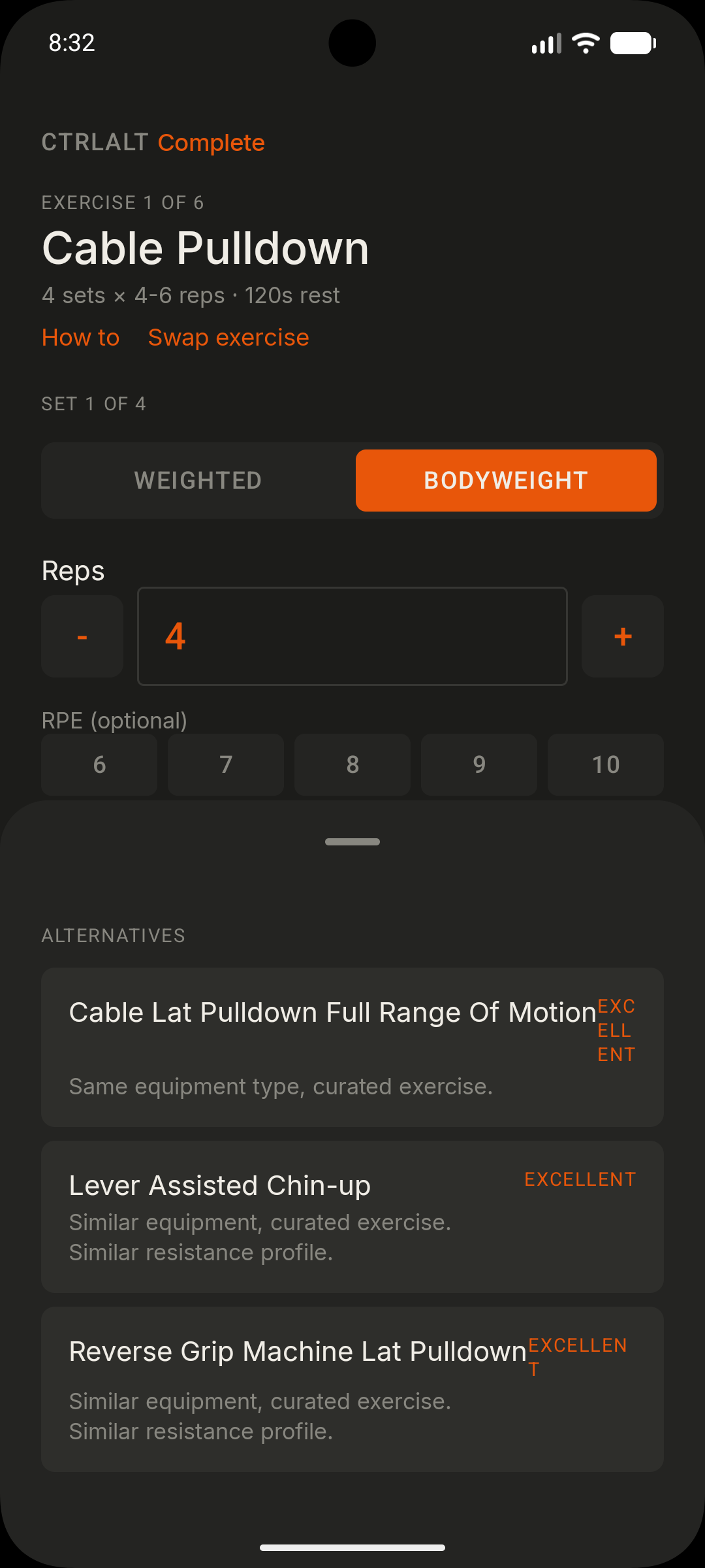 Curated exercise alternatives with match ratings