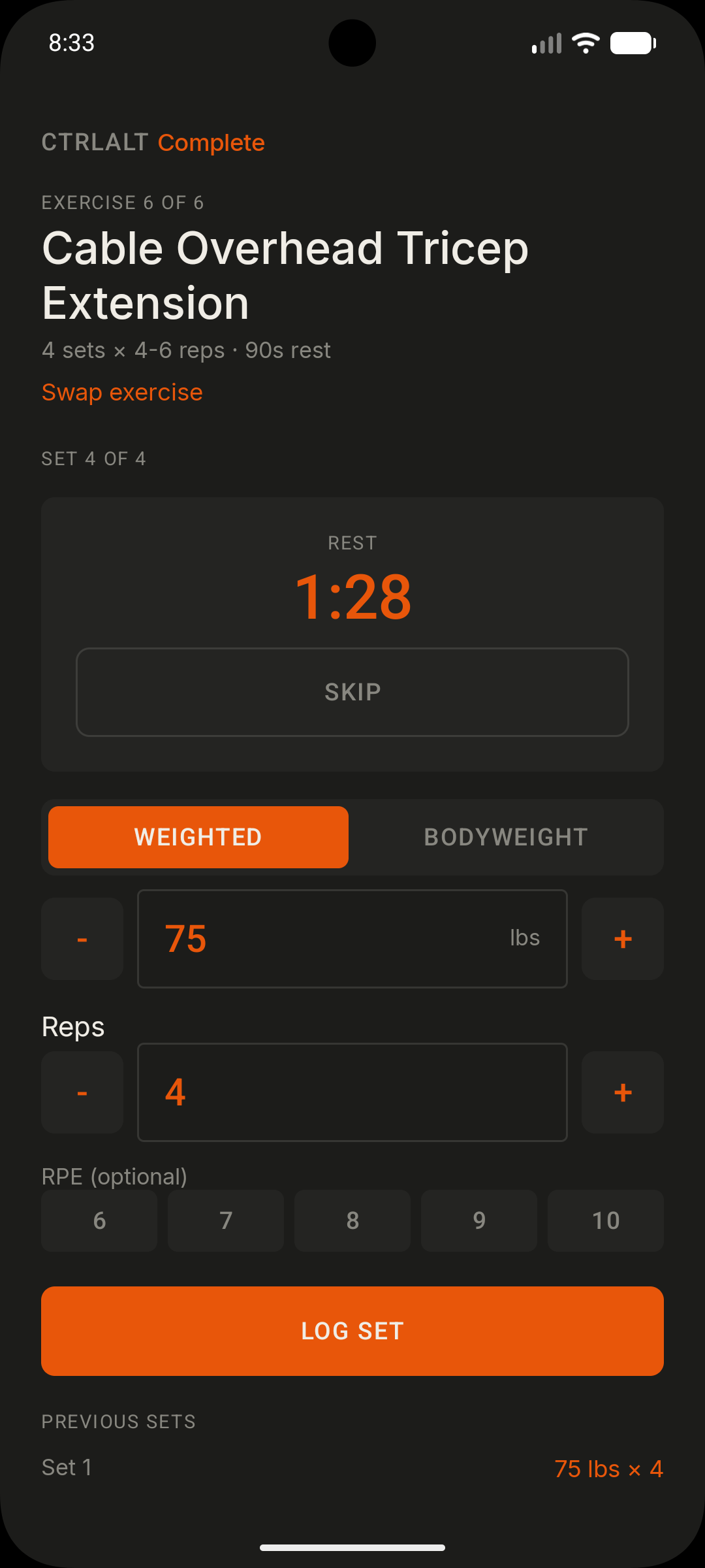 Active workout with set logging